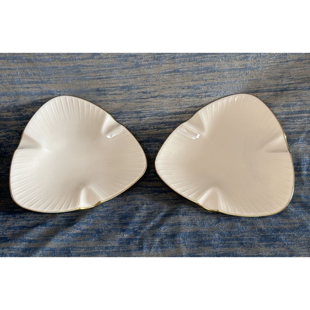 2 VTG Lenox USA Ashtrays Special Porcelain Triangle Ivory 22K Gold Trim Cream
